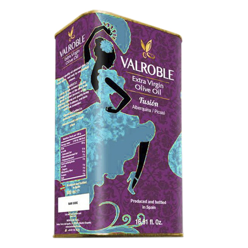 AOVE Valroble Fusión lata 500ml, aceite andaluz, aceite andalucía, aceite de oliva virgen extra, picual temprano, aove verde, aceite gourmet, valrobles, aove valroble de potosí 10